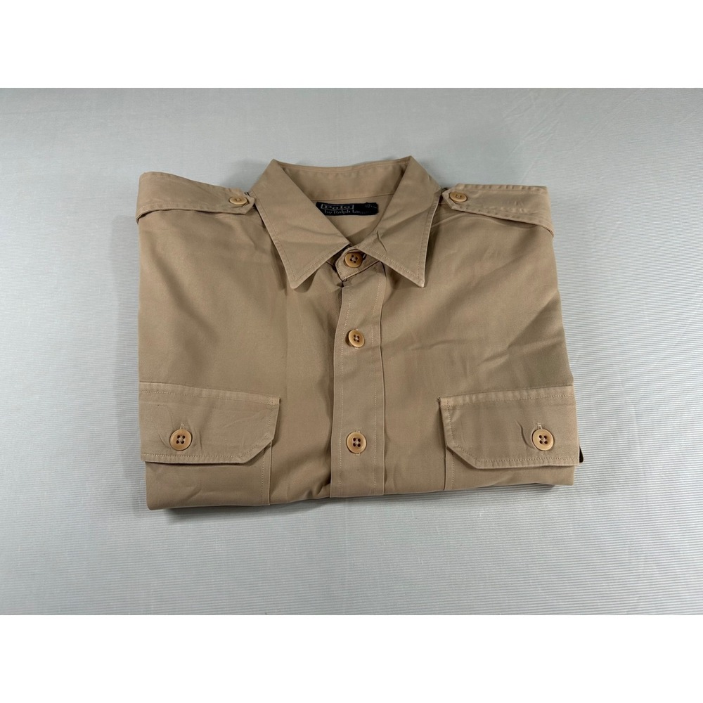 Vintage Polo Ralph Lauren Mens Large Khaki Tan Safari Military Epaulette Shirt - Picture 4 of 6